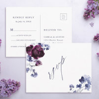 Plum Lila & Indigo Blue Floral Wedding RSVP