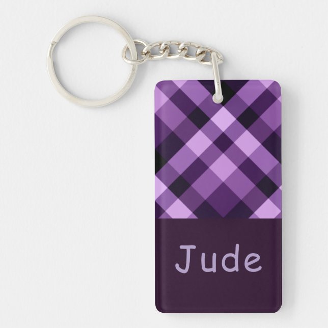 Plum Lila Karierter Monogramm-Rectangle-Schlüssela Schlüsselanhänger (Vorderseite)