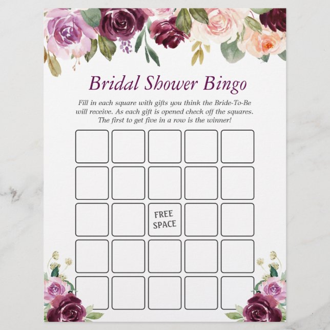 Plum Lila Liebe Floral Brautparty Bingo Game Flyer (Vorne)