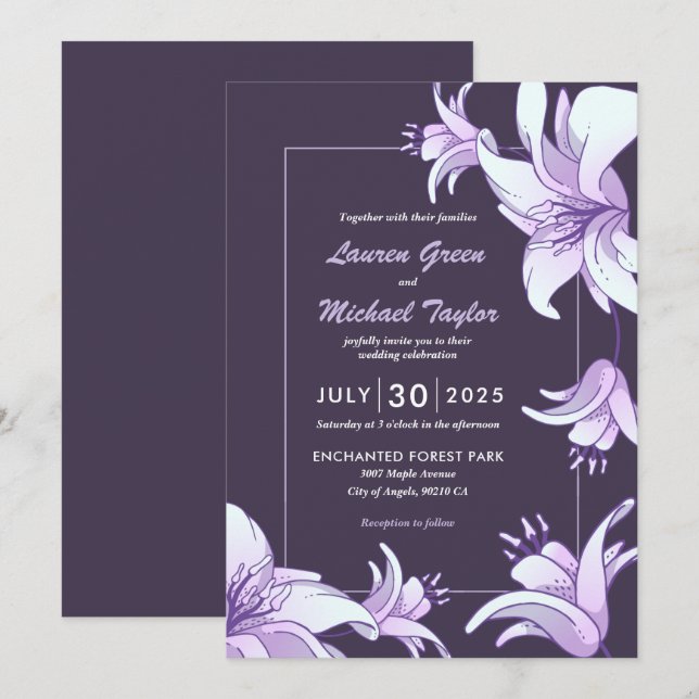 Plum Lila Lily Blume Blumenzwiebeln Hochzeit Einladung (Vorne/Hinten)