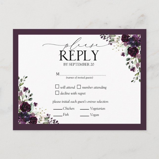 Plum Lila Mauve Watercolor Floral Wedding RSVP Einladungspostkarte (Vorderseite)