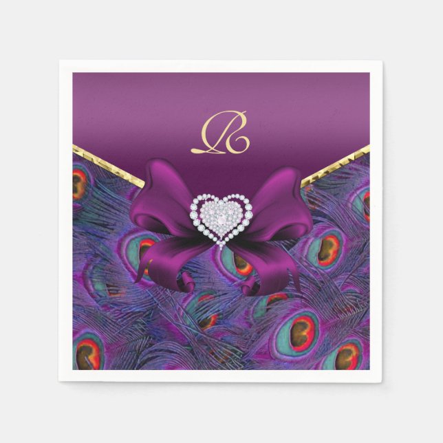 Plum Lila Peacock Wedding Paper Party Napkins Serviette (Vorderseite)