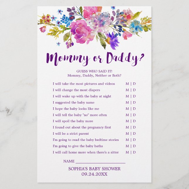Plum Lila Pink & Blue Blume Mommy oder Daddy Game Flyer (Vorne)