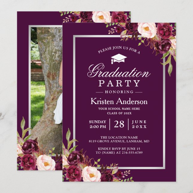 Plum Lila Red Floral Foto Graduation Party Einladung (Vorne/Hinten)