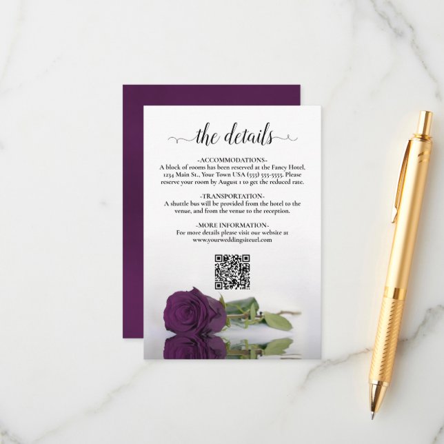Plum Lila Rose Elegante Wedding Details QR Code Begleitkarte (Vorderseite/Rückseite Beispiel)