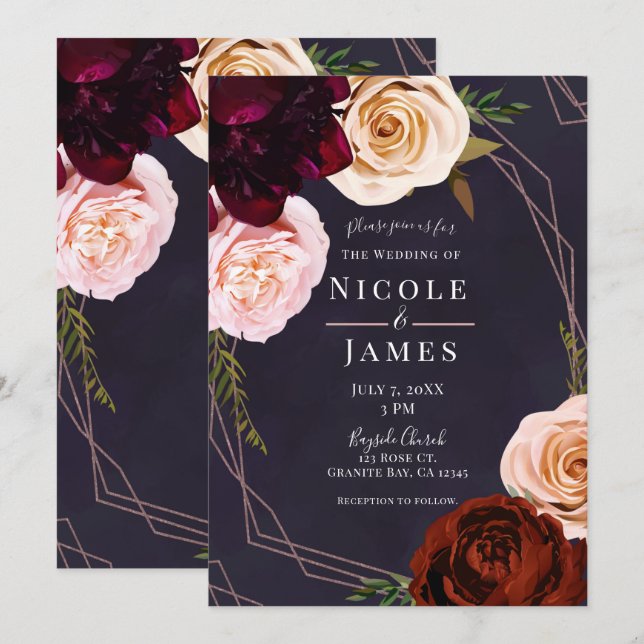 Plum Lila Rose Gold Moderne rustikale Blumenhochze Einladung (Vorne/Hinten)