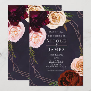 Plum Lila Rose Gold Moderne rustikale Blumenhochze Einladung
