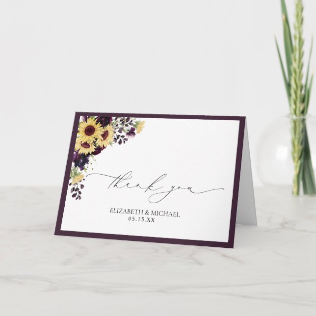 Plum Lila Sonnenblume Hochzeit Dankeschön Karte (Vorderseite)