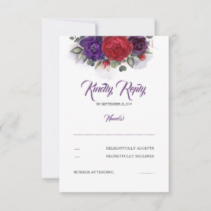 Plum Lila und Burgund Red Floral Wedding RSVP Karte