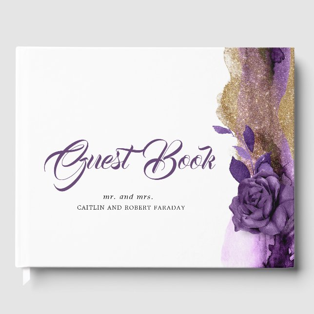 Plum Lila und Gold Glitzer Hochzeit Gästebuch (Vorderseite)