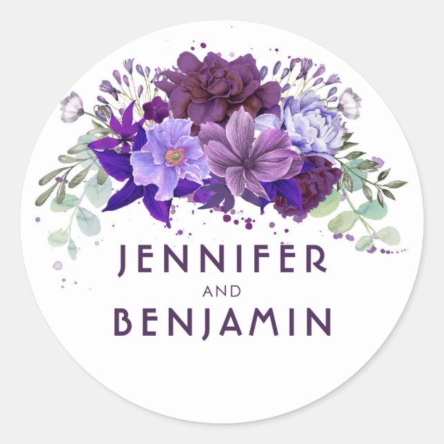 Plum Lila und Lavender Floral Wedding Runder Aufkleber (Vorderseite)