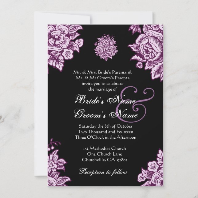 Plum Lila und schwarze Vintage Blume Hochzeit Einladung (Vorderseite)
