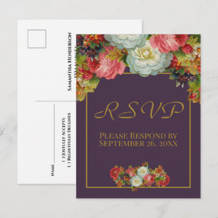 Plum Lila Vintage Herbstblütenhochzeit RSVP Postkarte