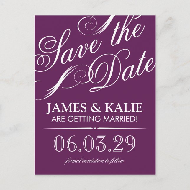 Plum Lila Vintages Skript Save the Date Ankündigungspostkarte (Vorderseite)