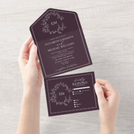 Plum Lila Wappen Monogramm Hochzeitscreme All In One Einladung