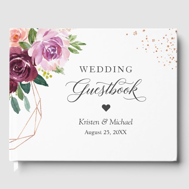 Plum Lilac Lila Floral Rose Gold Wedding Gästebuch (Vorderseite)