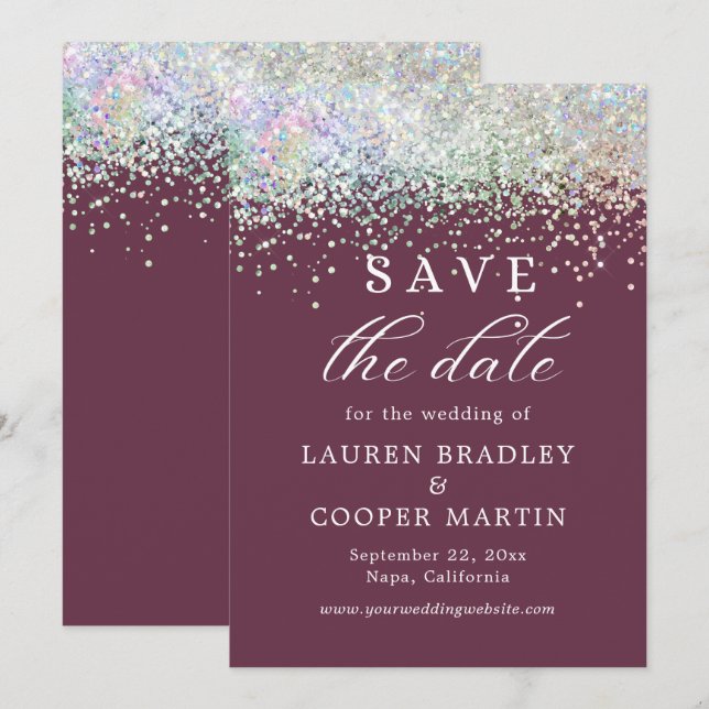Plum Luxury Glitzer Wedding Save the Date (Vorne/Hinten)