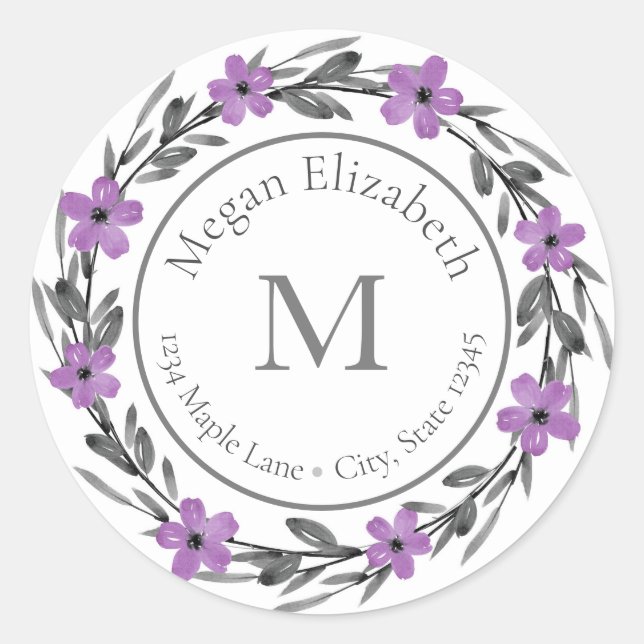 Plum Mauve Grau Wasserfarben Blumenetiketten Runder Aufkleber (Vorderseite)