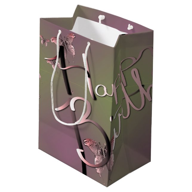 Plum Moss "Happy Birthday" 3D-Schmetterlinge Mittlere Geschenktüte (Rückseite Schrägansicht)
