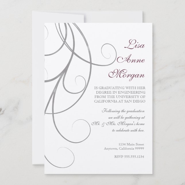 Plum n Silver Leaf Swirl Damask 2 Abschluss Einladung (Vorderseite)