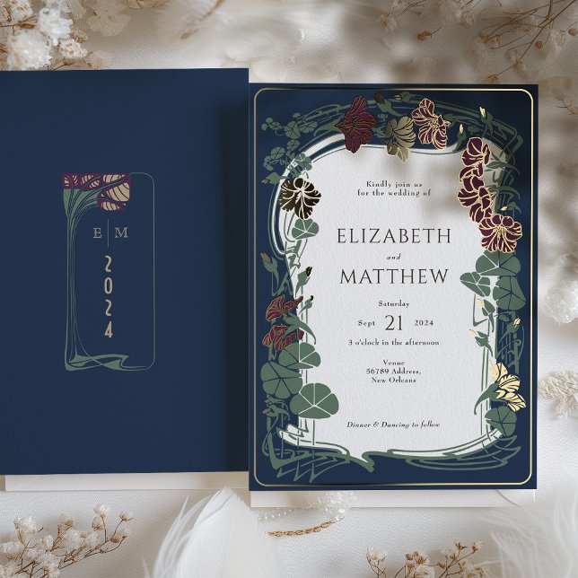 Plum Navy Blue Gold Floral Wedding Folieneinladung (Von Creator hochgeladen)