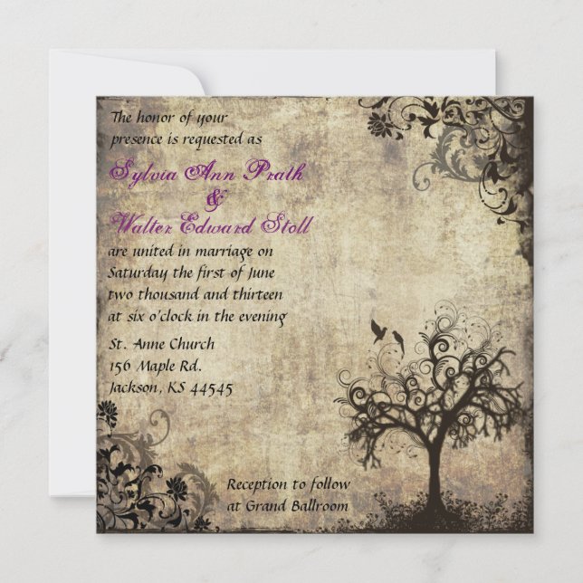 Plum New Life Vintage Hochzeit Einladung (Vorderseite)
