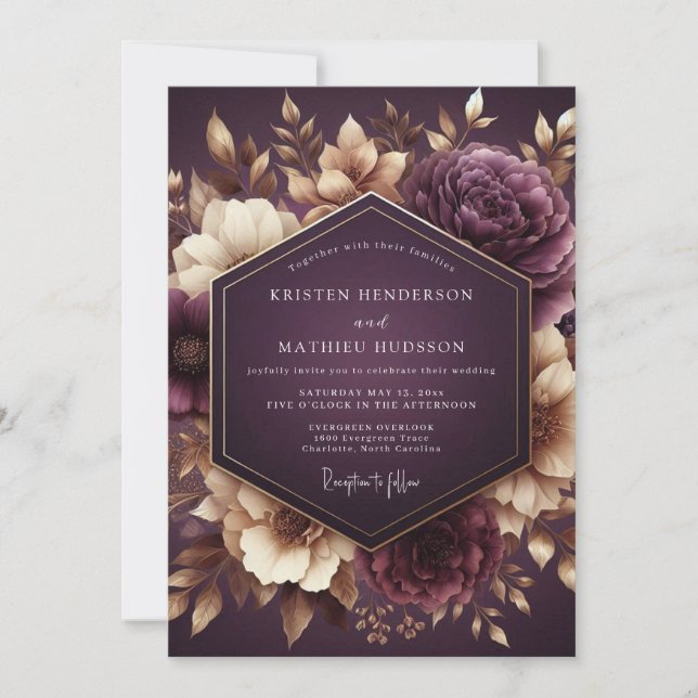 Plum Nocturne Floral Romance Wedding Einladung (Vorderseite)