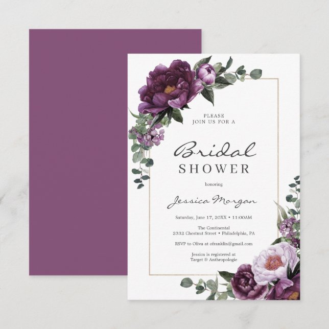 Plum Peonies Bridal Shower Einladungskarte (Vorne/Hinten)