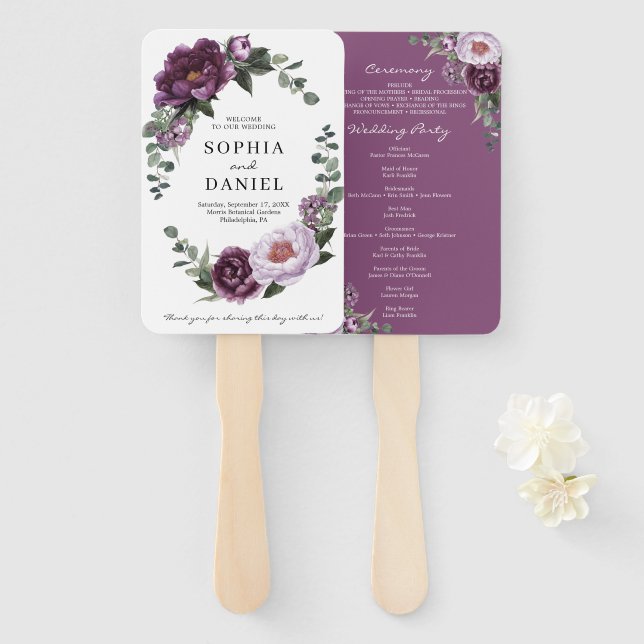 Plum Peonies Lila Floral Wedding Program Fan Fächer (Vorne und Hinten)