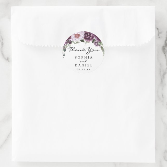 Plum Peonies Mariage Favor Sticker (Sac)