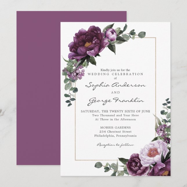 Plum Peonies Wedding Invitation Card Einladung (Vorne/Hinten)