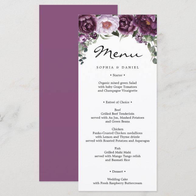 Plum Peonies Wedding Menü Brautparty Menu Programm (Vorne/Hinten)