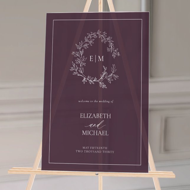 Plum pourpre poitrine feuillue Monogramme Mariage  (Wedding Welcome Sign!)