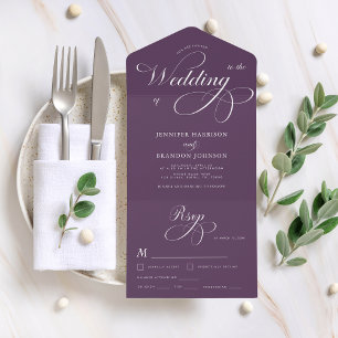 Plum Purple Elegant Calligraphy Classic Wedding All In One Einladung