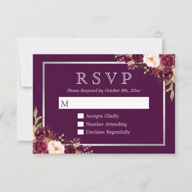 Plum Purple Floral Argent Gris Mariage RSVP (Devant)