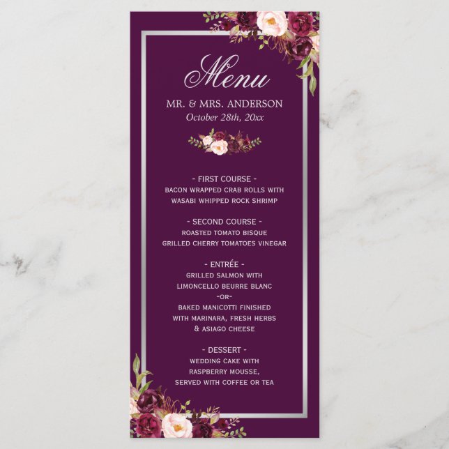 Plum Purple Floral Silver Grey Mariage Carte menu (Devant)