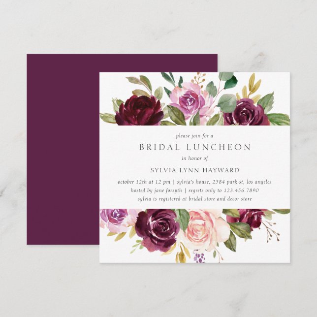 Plum Purple Flowers Fall Floral Bridal Luncheon Einladung (Vorne/Hinten)
