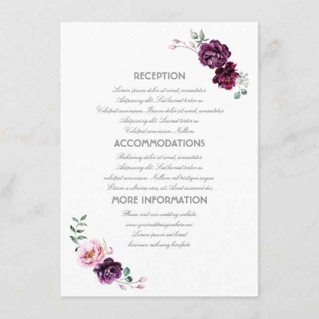 Plum Purple Flowers Wedding Information Guest Card Begleitkarte (Vorderseite)