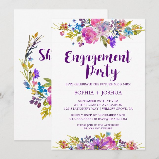 Plum Purple Garden Engagement Party Invitation (Devant / Derrière)