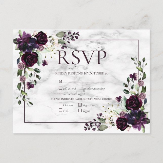 Plum Purple Marble Fall Wedding RSVP Invitati Einladungspostkarte (Vorderseite)