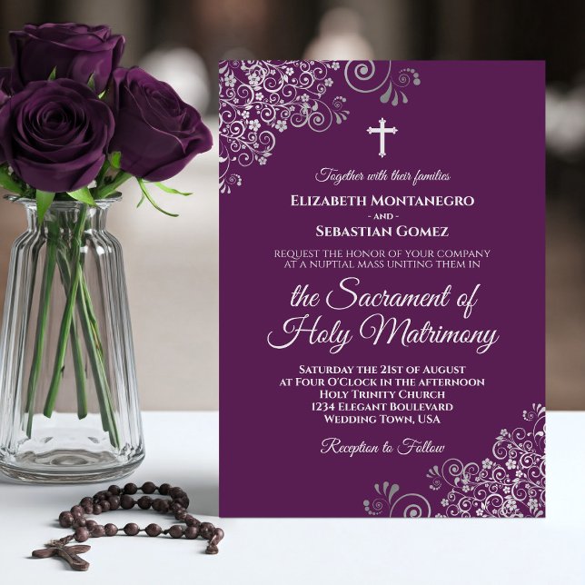 Plum Purple & Silver Chic Modern Catholic Wedding Einladung (Von Creator hochgeladen)