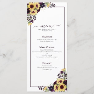Plum Purple Tournesol Aquarelle Menu Mariage