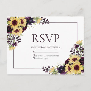 Plum Purple Tournesol Aquarelle Pas de menu RSVP