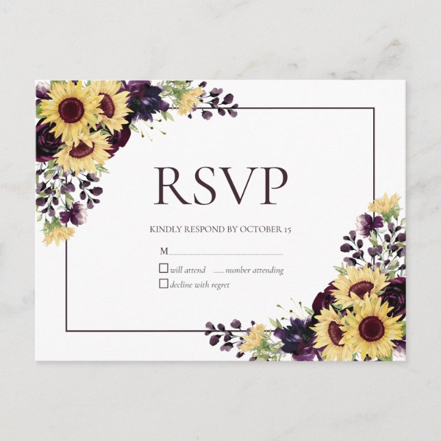 Plum Purple Tournesol Aquarelle Pas de menu RSVP (Devant)