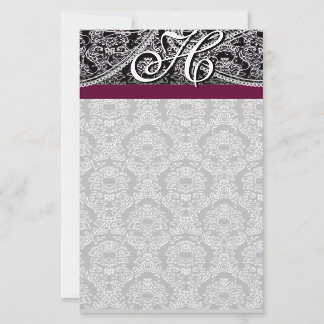 Plum Ribbon Monogram Letterhead Black Paisley (Vorderseite)