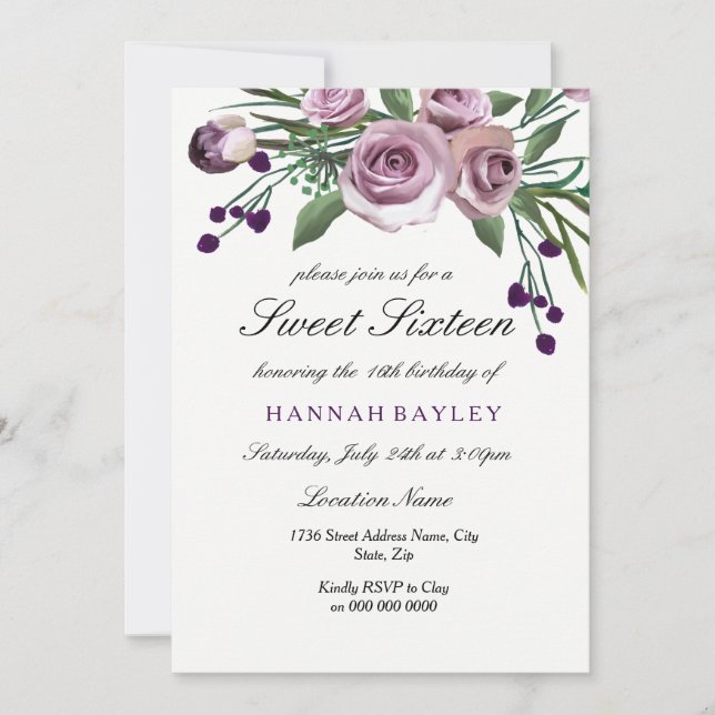 Plum romantique Purple Rose Sweet 16 Invitation (Devant)