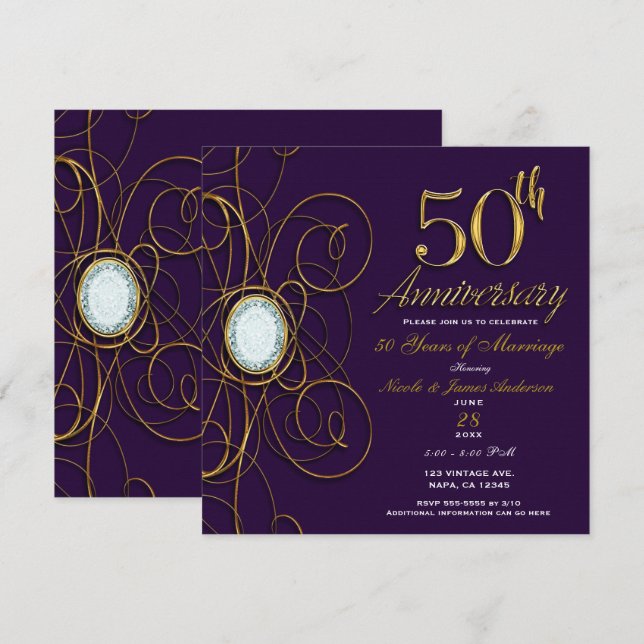 Plum Royal Lila Gold Diamond 50 50 Jahre Einladung (Vorne/Hinten)