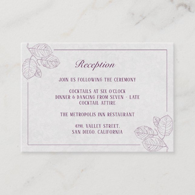 Plum Silver Botanical Elegant Wedding Empfang Begleitkarte (Vorderseite)