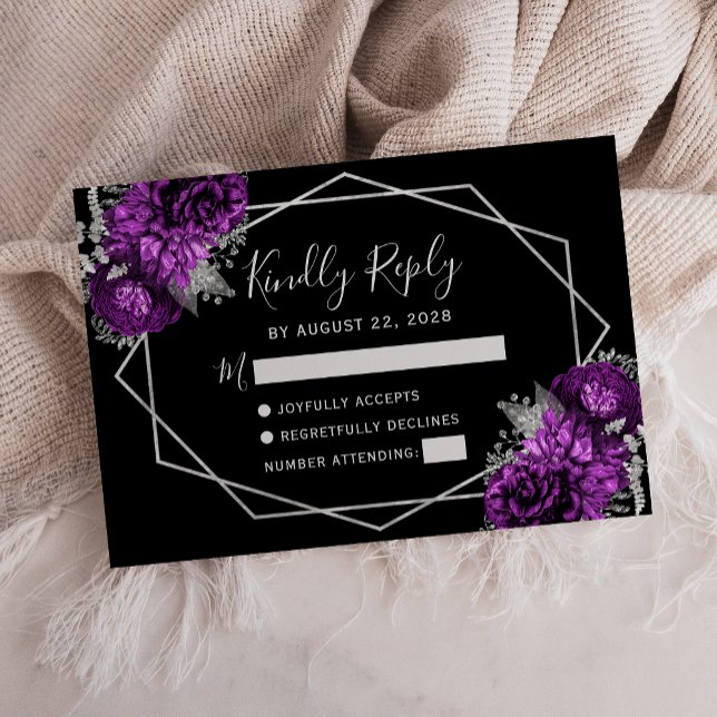 Plum Silver Floral Geometric Black RSVP Karte (Von Creator hochgeladen)