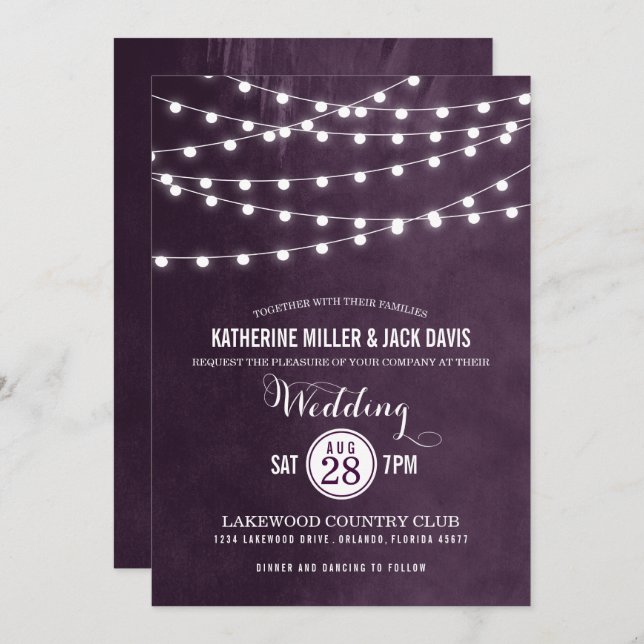 Plum String Lights Hochzeitseinladung Einladung (Vorne/Hinten)